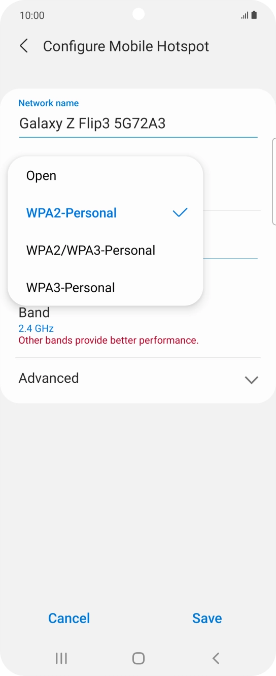Press WPA3-Personal to password protect your WiFi hotspot. Press WPA3-Personal to password protect your WiFi hotspot.