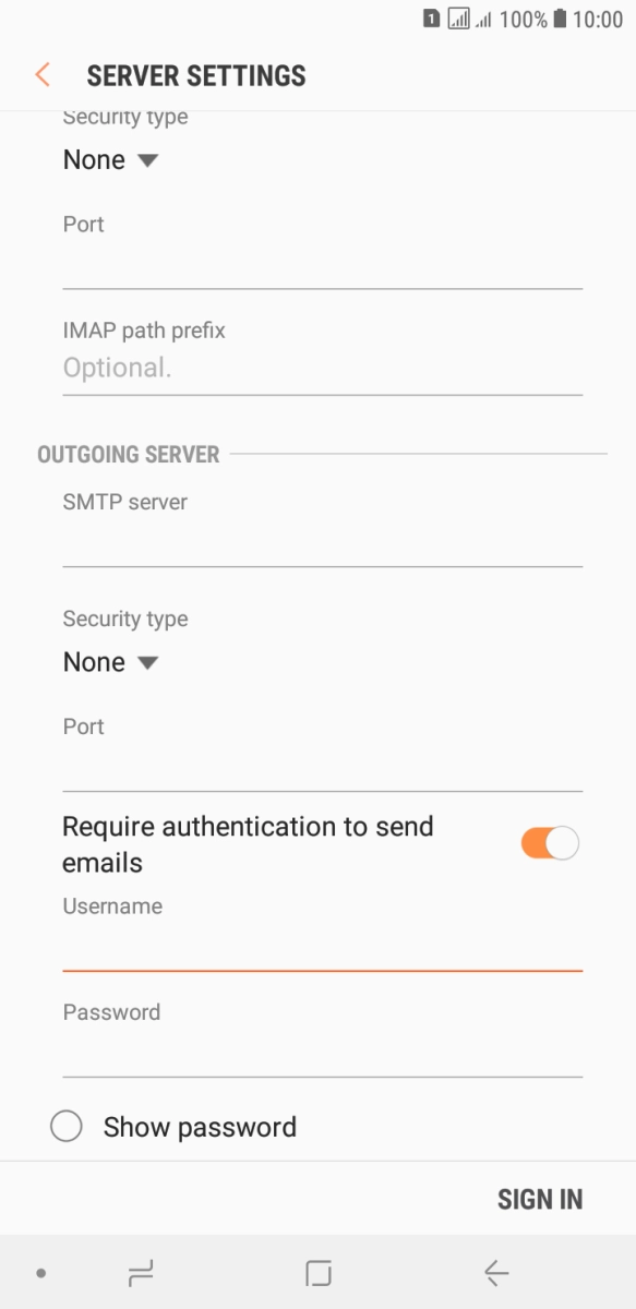 Press the field below 'Password' and key in the password of your email provider's outgoing server. Press the field below 'Password' and key in the password of your email provider's outgoing server.