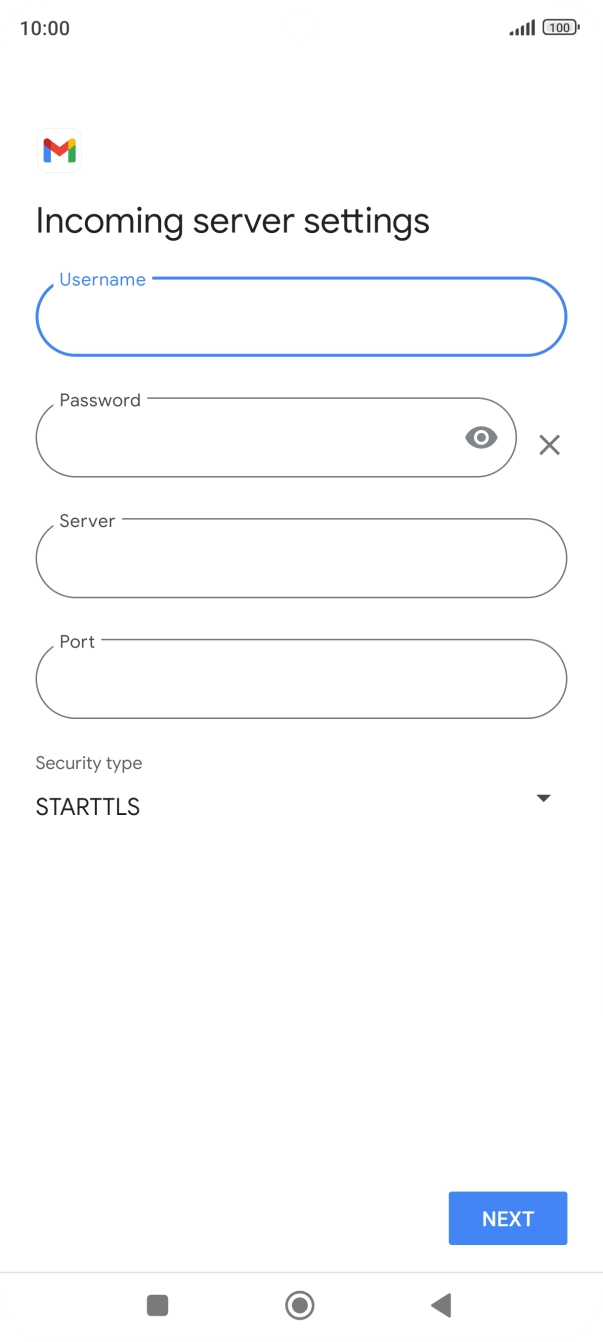Press the field below 'Server' and key in the name of your email provider's incoming server. Press the field below 'Server' and key in the name of your email provider's incoming server.