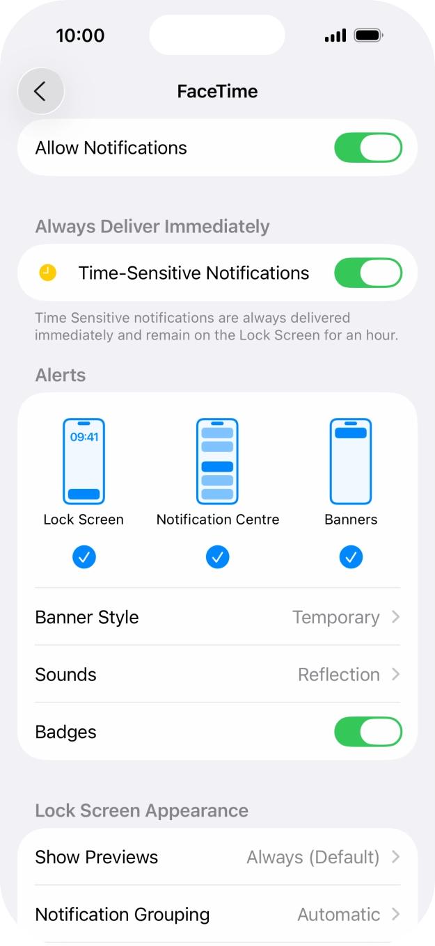 Press the indicator next to 'Allow Notifications' to turn notifications for the selected application on or off. Press the indicator next to 'Allow Notifications' to turn notifications for the selected application on or off.