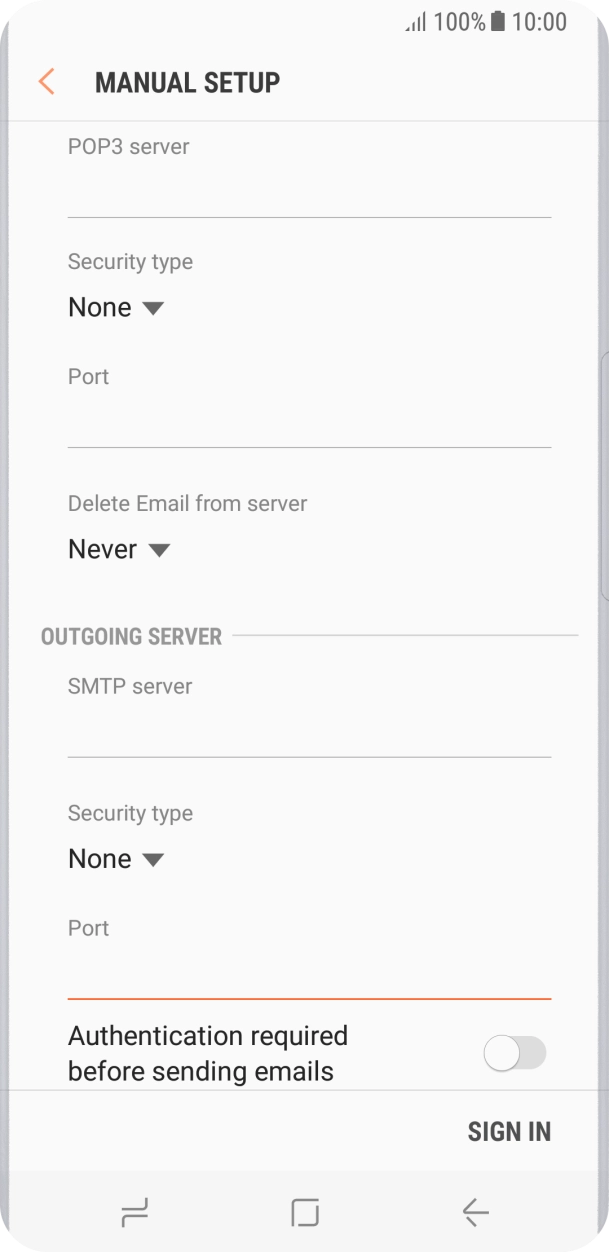 Press the indicator next to 'Authentication required before sending emails' to turn on the function. Press the indicator next to 'Authentication required before sending emails' to turn on the function.