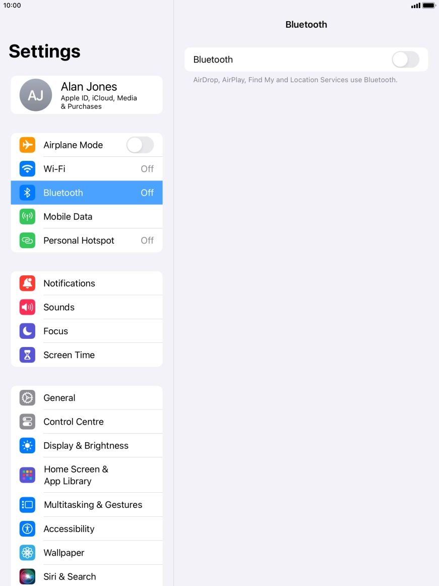 Press the indicator next to 'Bluetooth' to turn on the function.