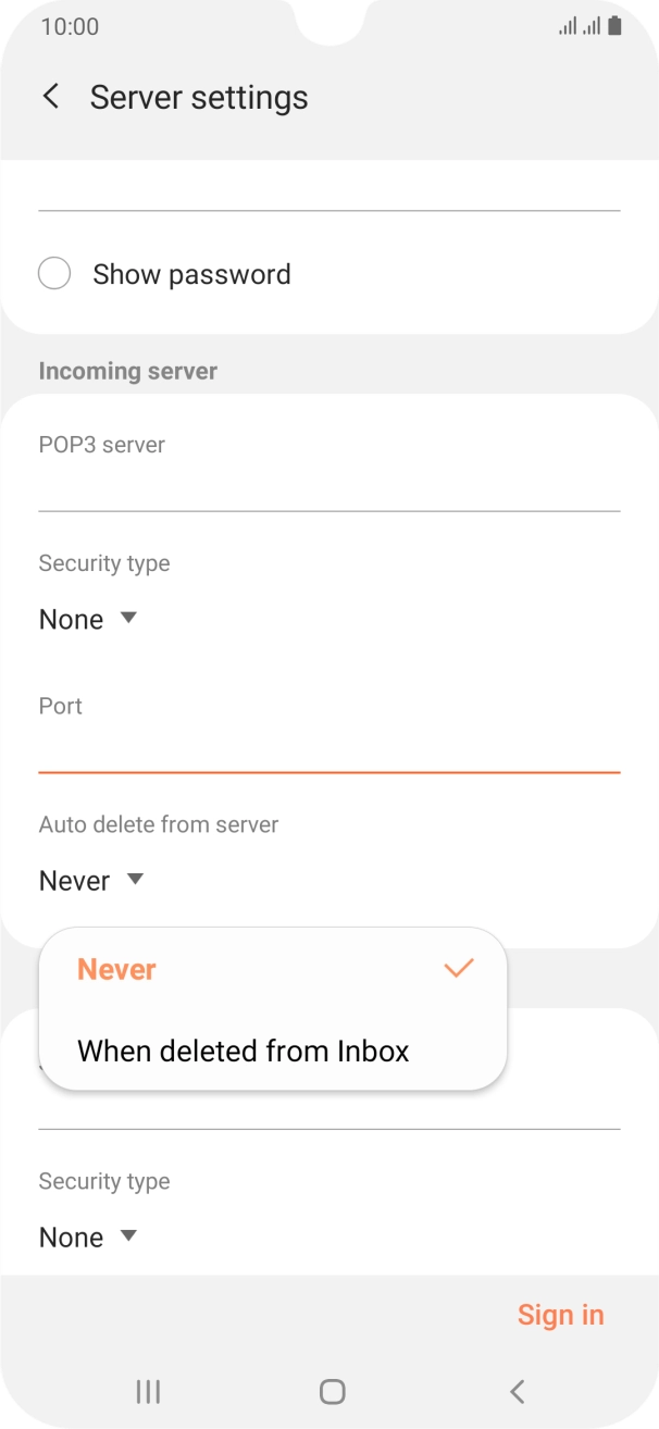 Press Never to keep emails on the server when you delete them on your phone. Press Never to keep emails on the server when you delete them on your phone.