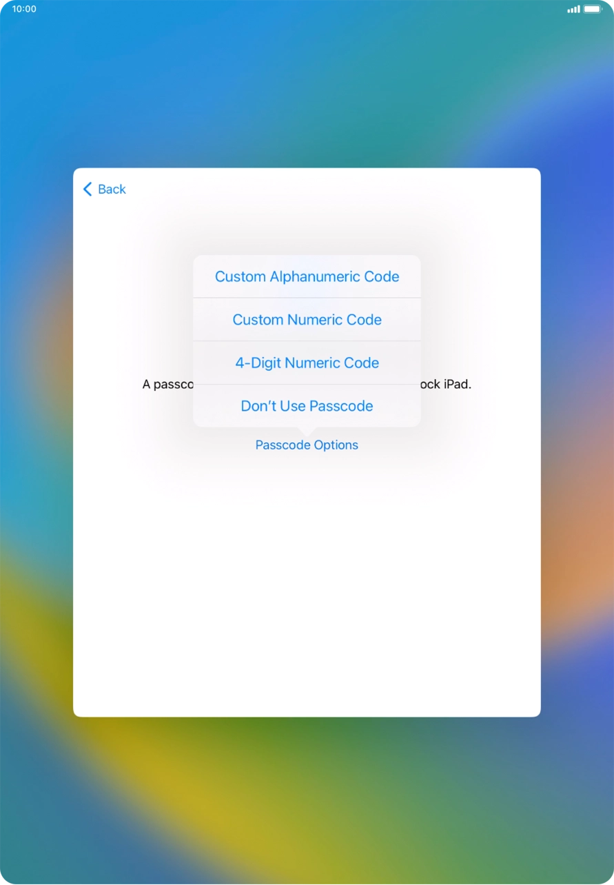 Follow the instructions on the screen to turn on the lock code or press Don't Use Passcode. Follow the instructions on the screen to turn on the lock code or press Don't Use Passcode.