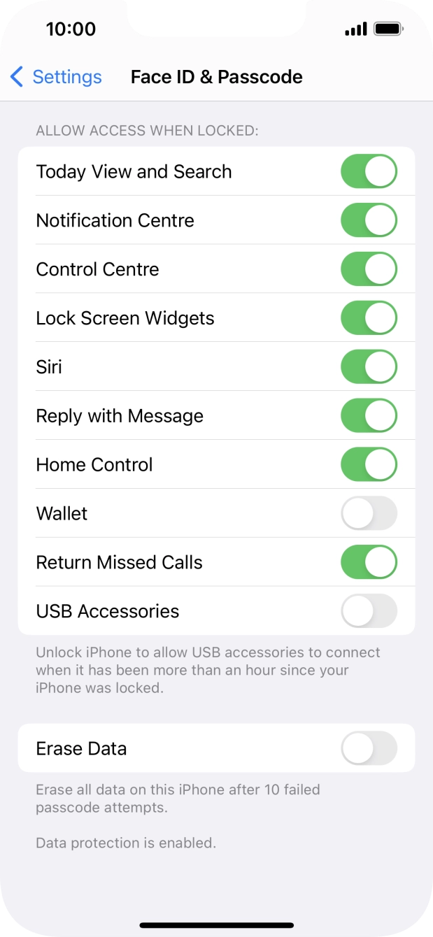 Press the indicator next to 'Erase Data' to turn the function on or off.