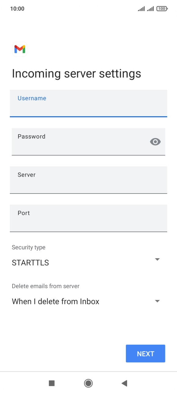 Press the field below 'Server' and key in the name of your email provider's incoming server. Press the field below 'Server' and key in the name of your email provider's incoming server.