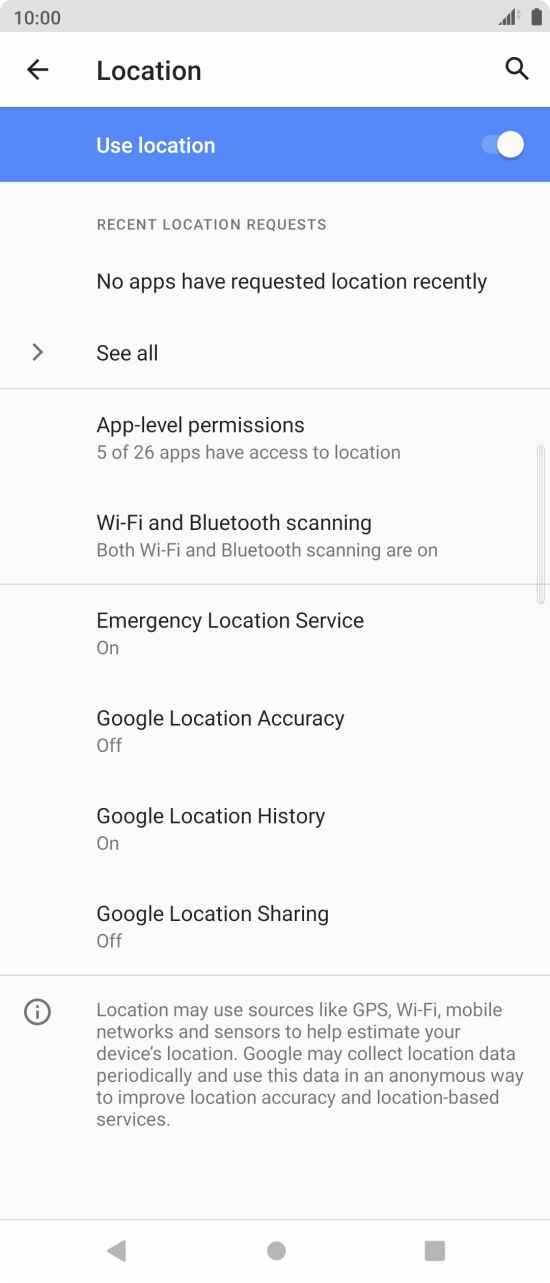 Press Google Location Accuracy. Press Google Location Accuracy.