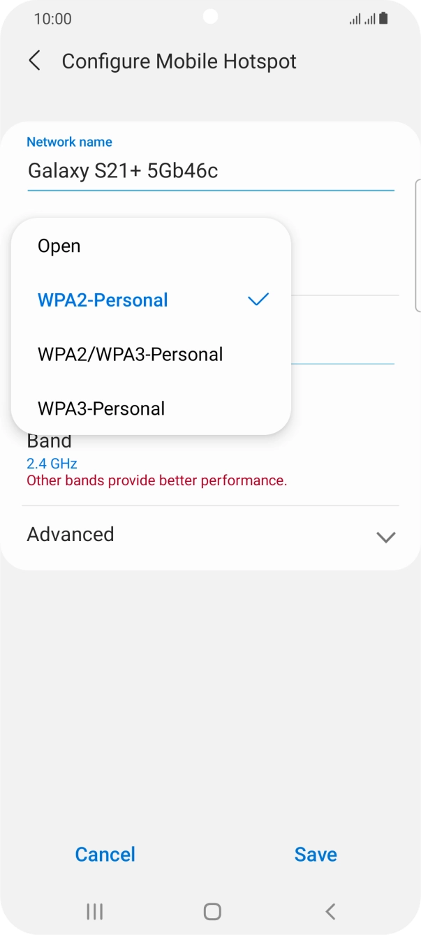 Press WPA2-Personal to password protect your WiFi hotspot. Press WPA2-Personal to password protect your WiFi hotspot.