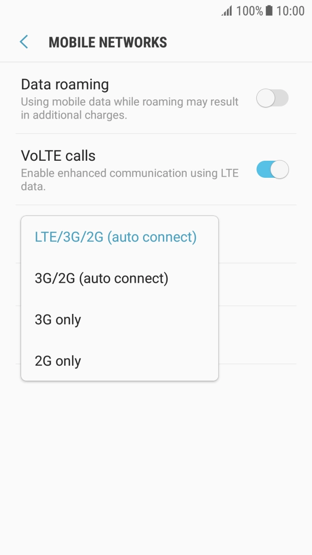 Press the required network mode.