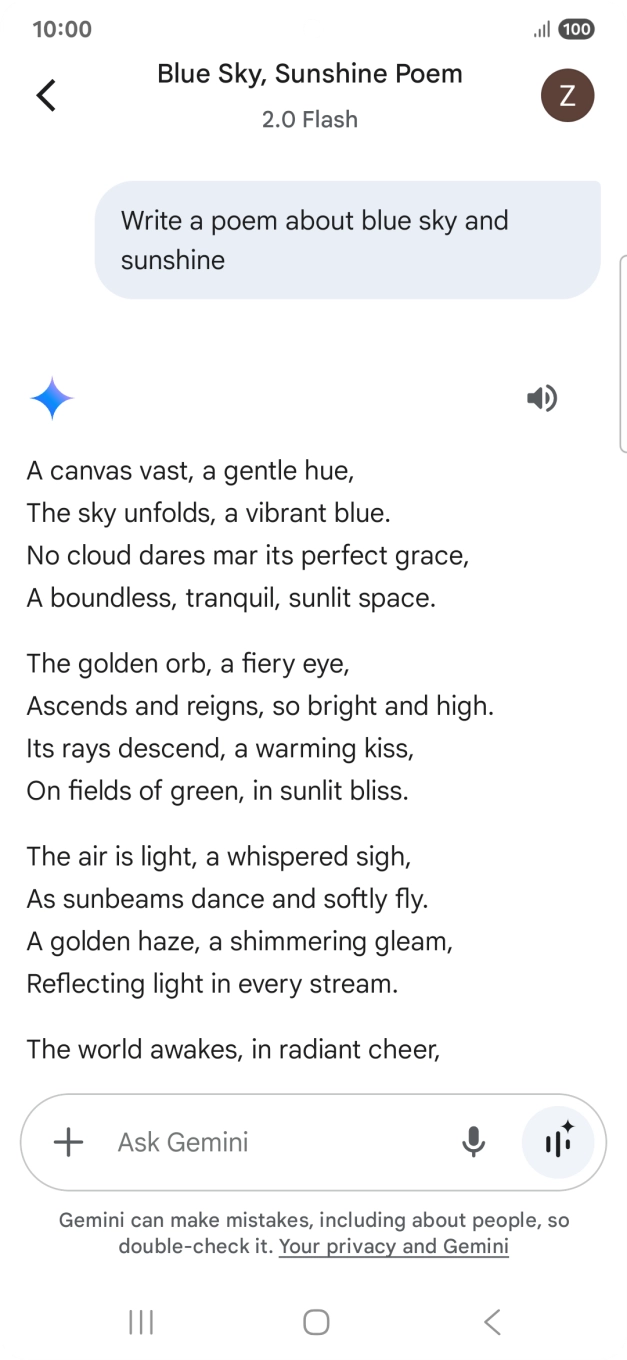 You can ask Gemini to generate a text based on your description. You can ask Gemini to generate a text based on your description.