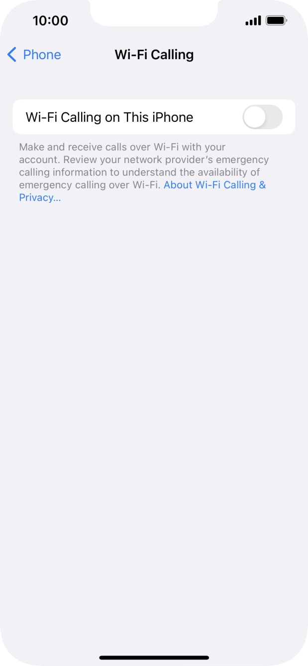 Press the indicator next to 'Wi-Fi Calling on This iPhone' to turn the function on or off. Press the indicator next to 'Wi-Fi Calling on This iPhone' to turn the function on or off.