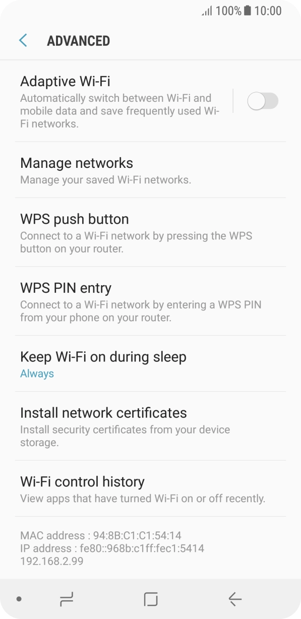 Press the indicator next to 'Adaptive Wi-Fi' to turn the function on or off. Press the indicator next to 'Adaptive Wi-Fi' to turn the function on or off.