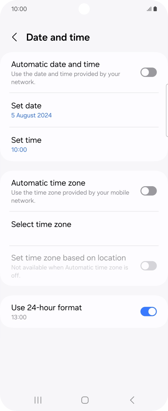 Press the indicator next to 'Automatic date and time' to turn on the function.