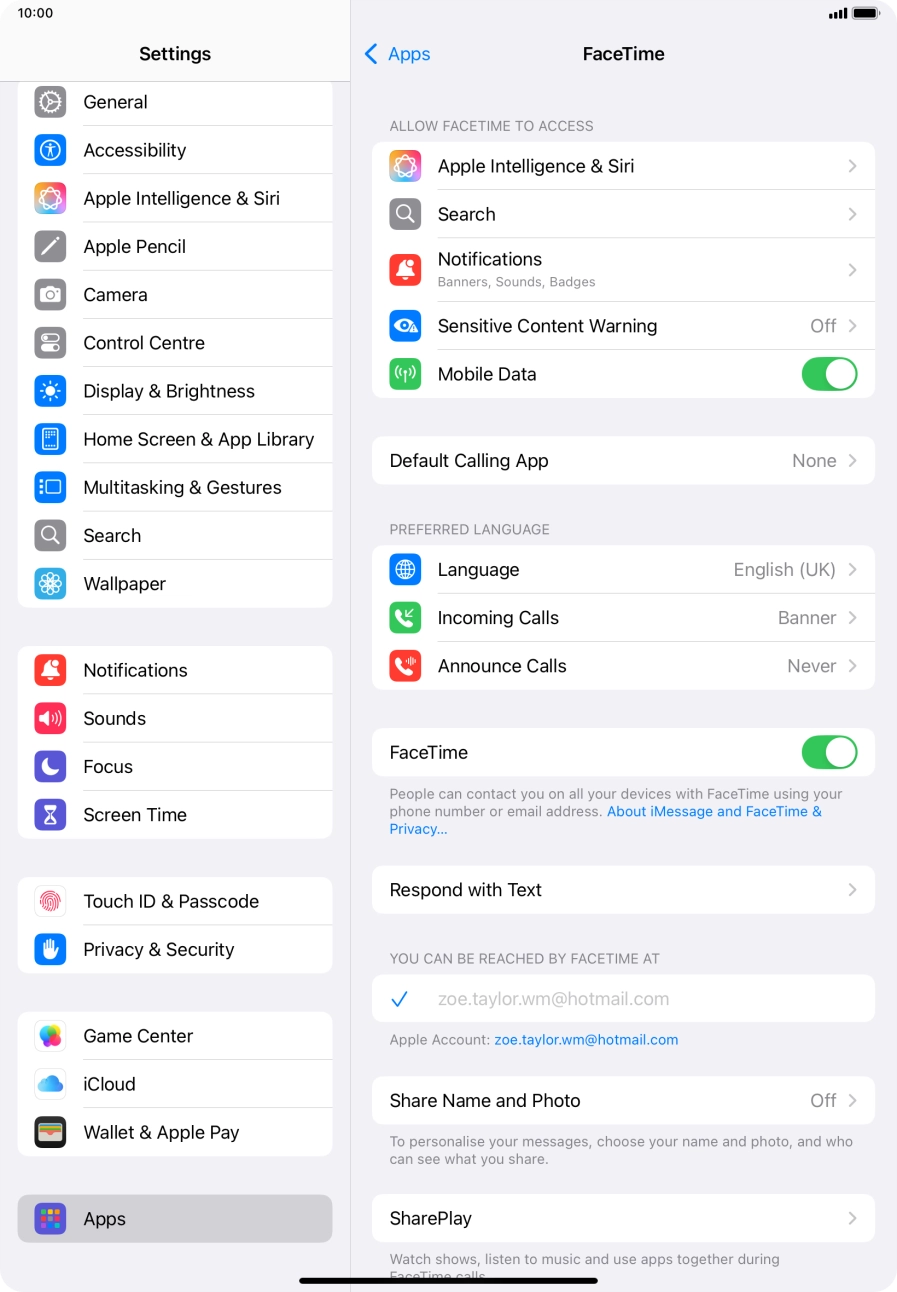 Press the indicator next to 'FaceTime' to turn the function on or off. Press the indicator next to 'FaceTime' to turn the function on or off.