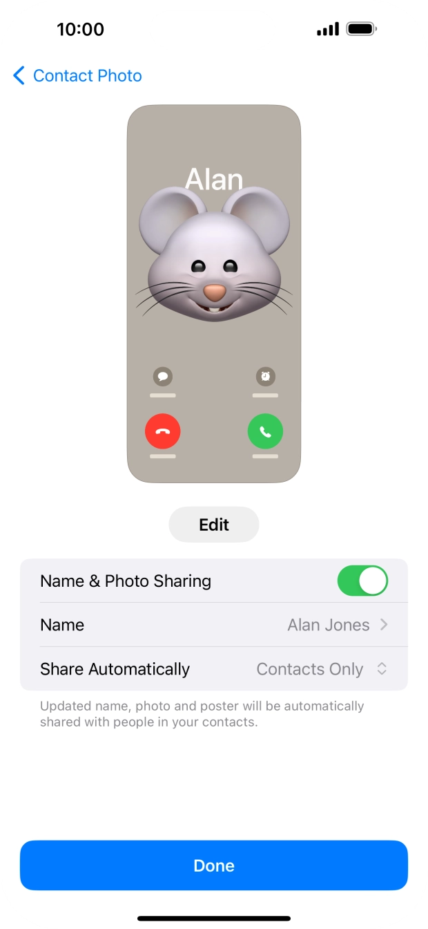 Press the indicator next to 'Name & Photo Sharing' to turn the function on or off. Press the indicator next to 'Name & Photo Sharing' to turn the function on or off.