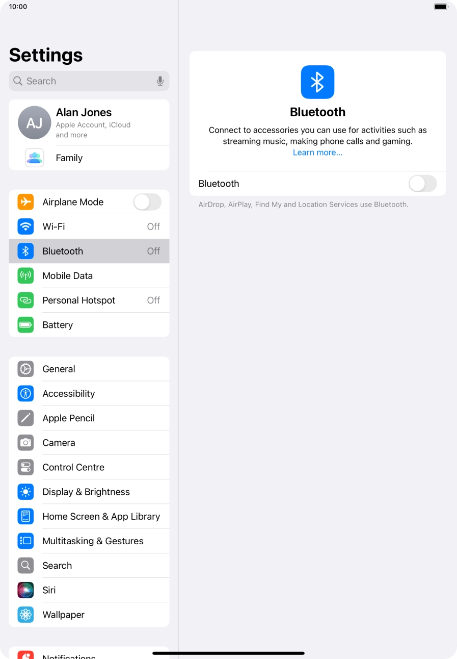 Press the indicator next to 'Bluetooth' to turn on the function.