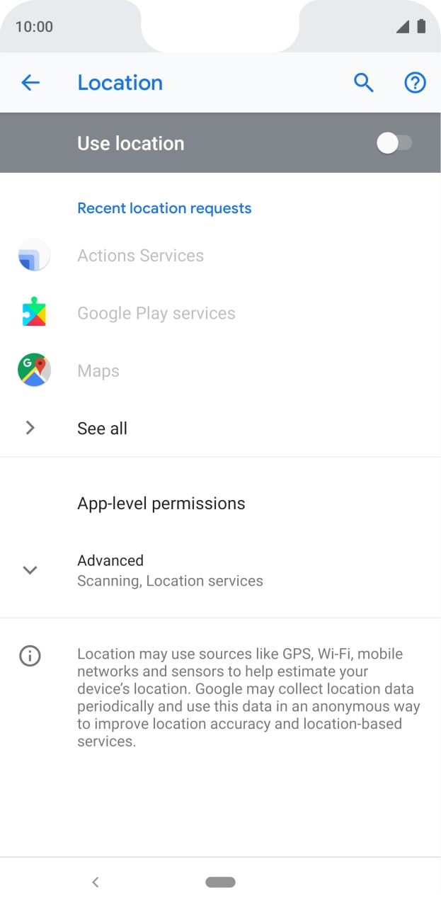 Press the indicator next to 'Use location' to turn the function on or off. Press the indicator next to 'Use location' to turn the function on or off.