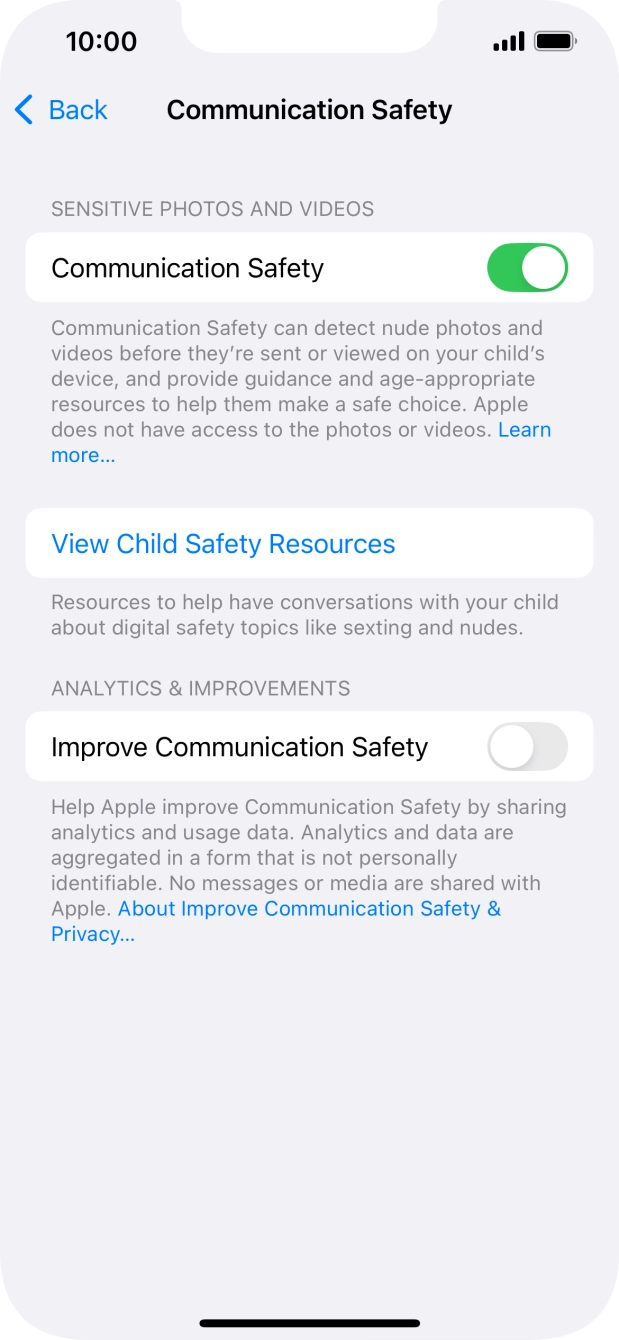 Press the indicator next to 'Communication Safety' to turn the function on or off. Press the indicator next to 'Communication Safety' to turn the function on or off.