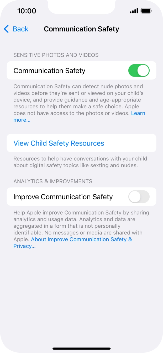 Press the indicator next to 'Communication Safety' to turn the function on or off. Press the indicator next to 'Communication Safety' to turn the function on or off.