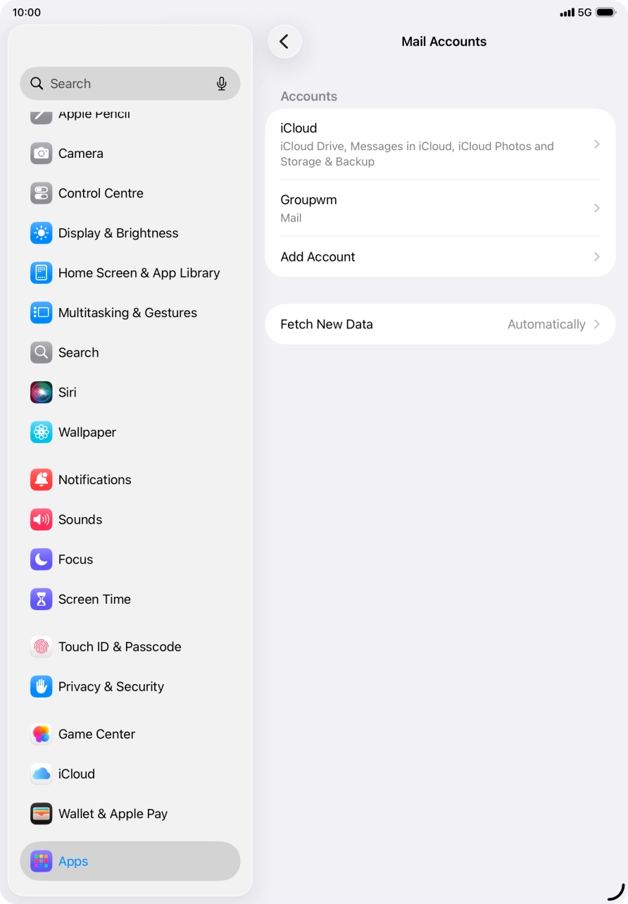 Press the name of the email account you've just set up. Press the name of the email account you've just set up.