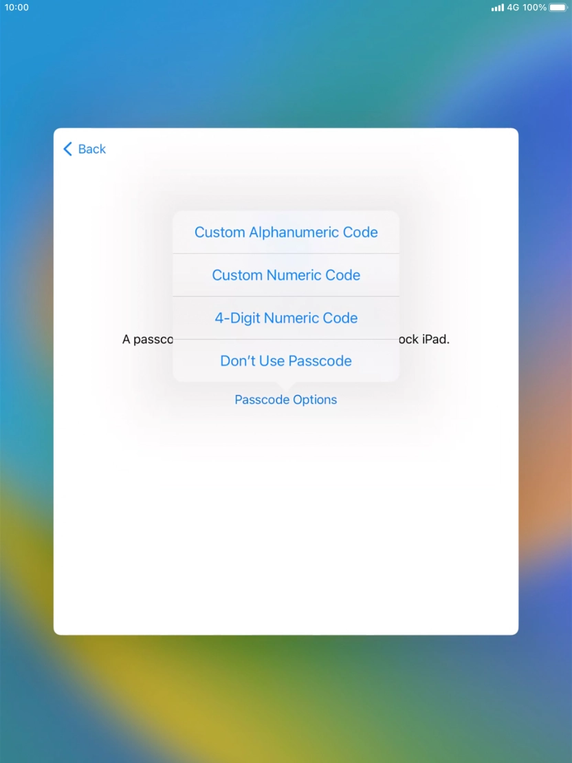 Follow the instructions on the screen to turn on the lock code or press Don't Use Passcode. Follow the instructions on the screen to turn on the lock code or press Don't Use Passcode.