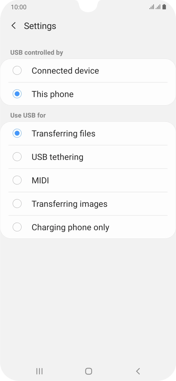 Press Transferring files to turn on the function. Press Transferring files to turn on the function.