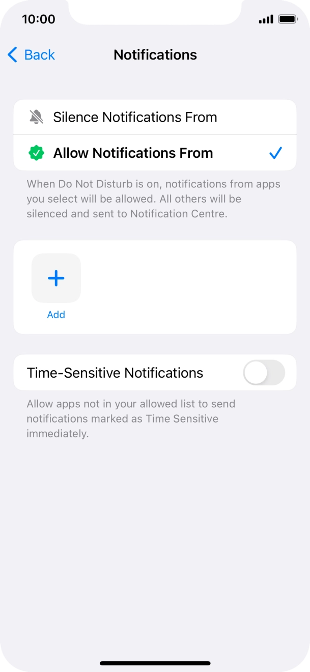 Press the indicator next to 'Time-Sensitive Notifications' to turn display of timed notifications on or off when Do Not Disturb is turned on. Press the indicator next to 'Time-Sensitive Notifications' to turn display of timed notifications on or off when Do Not Disturb is turned on.
