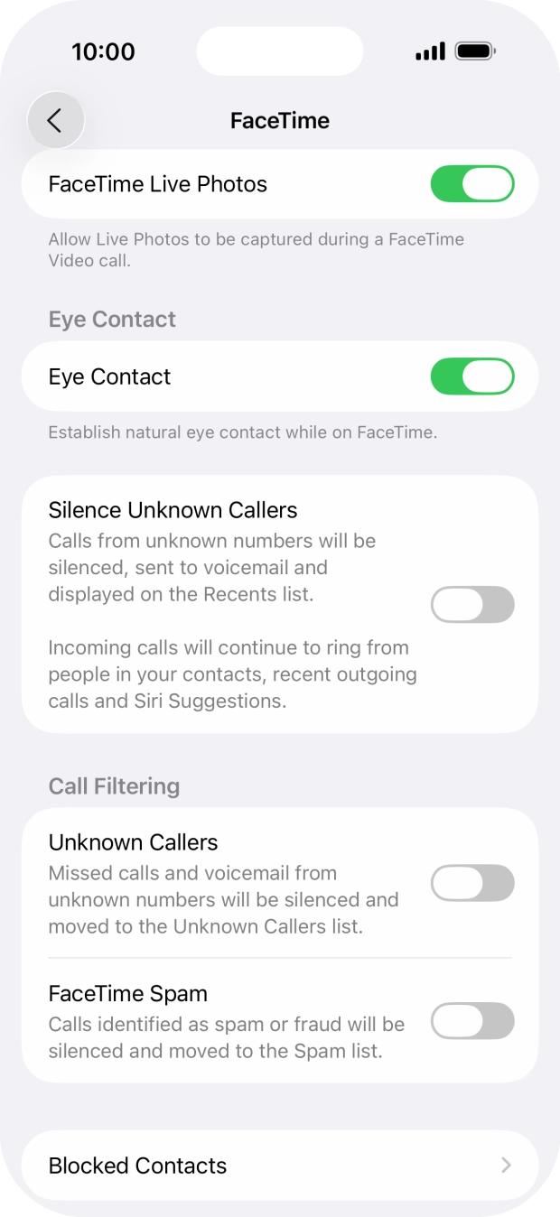 Press the indicator next to 'FaceTime Live Photos' to turn the function on or off. Press the indicator next to 'FaceTime Live Photos' to turn the function on or off.