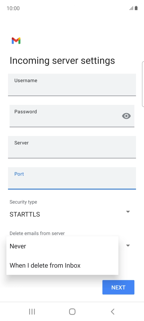 Press Never to keep emails on the server when you delete them on your phone. Press Never to keep emails on the server when you delete them on your phone.