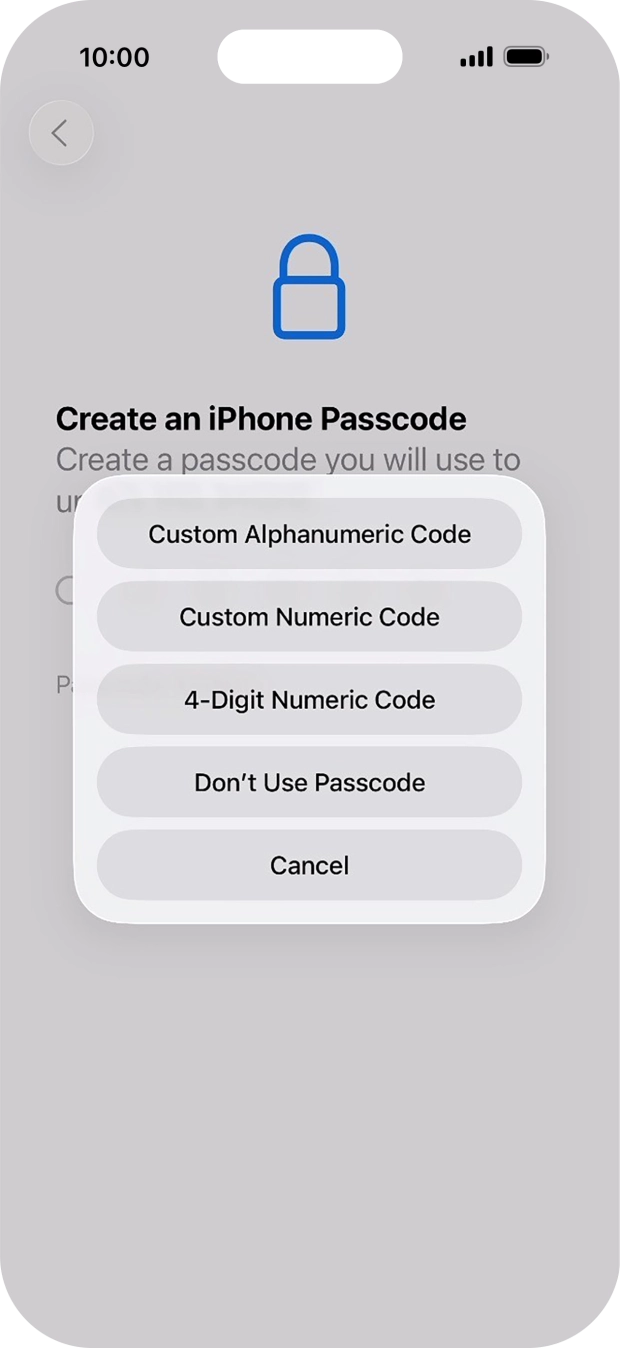 Follow the instructions on the screen to turn on the lock code or press Don't Use Passcode.