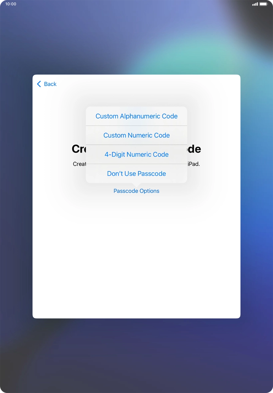 Follow the instructions on the screen to turn on the lock code or press Don't Use Passcode. Follow the instructions on the screen to turn on the lock code or press Don't Use Passcode.