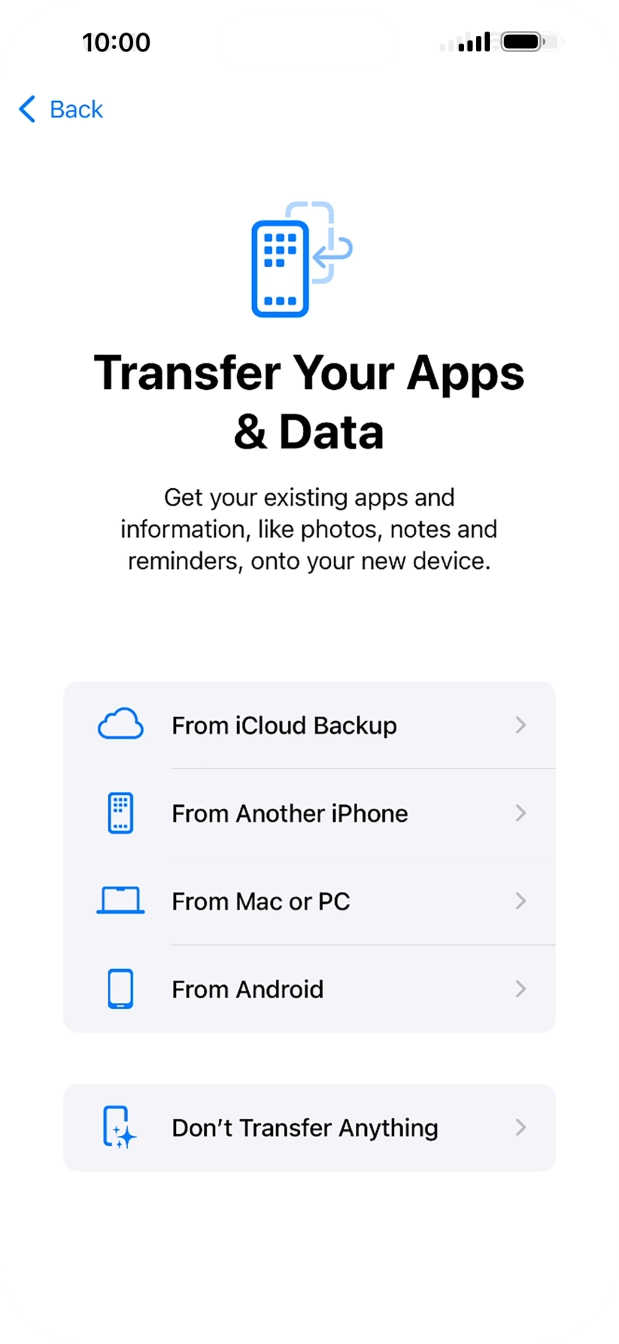Press Don't Transfer Anything and follow the instructions on the screen to finish the activation. Press Don't Transfer Anything and follow the instructions on the screen to finish the activation.