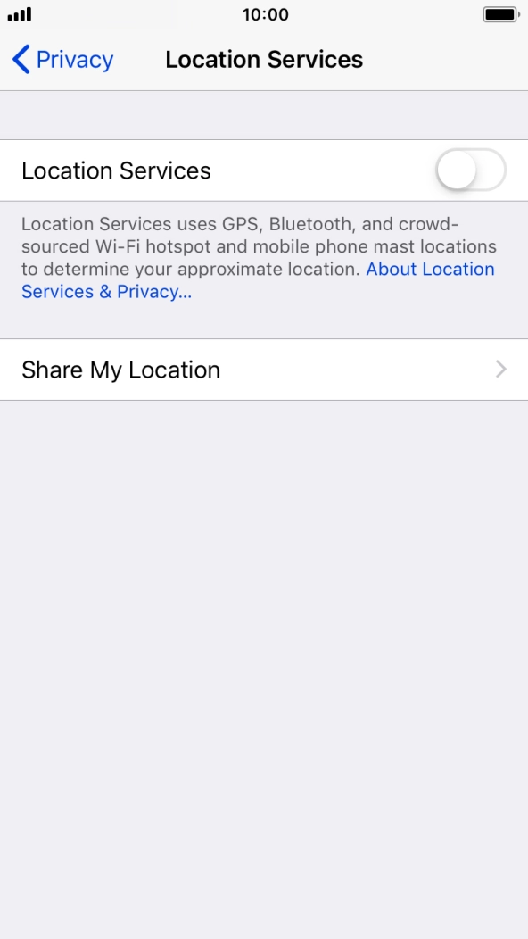 Press the indicator next to 'Location Services' to turn the function on or off. Press the indicator next to 'Location Services' to turn the function on or off.