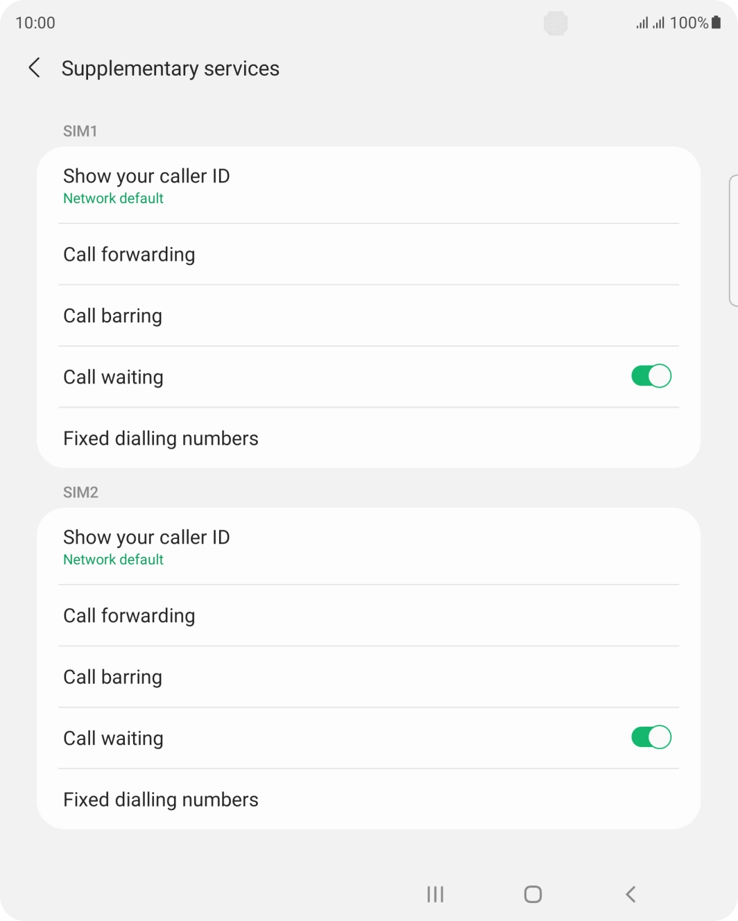 Press the indicator next to 'Call waiting' below the required SIM to turn the function on or off.
