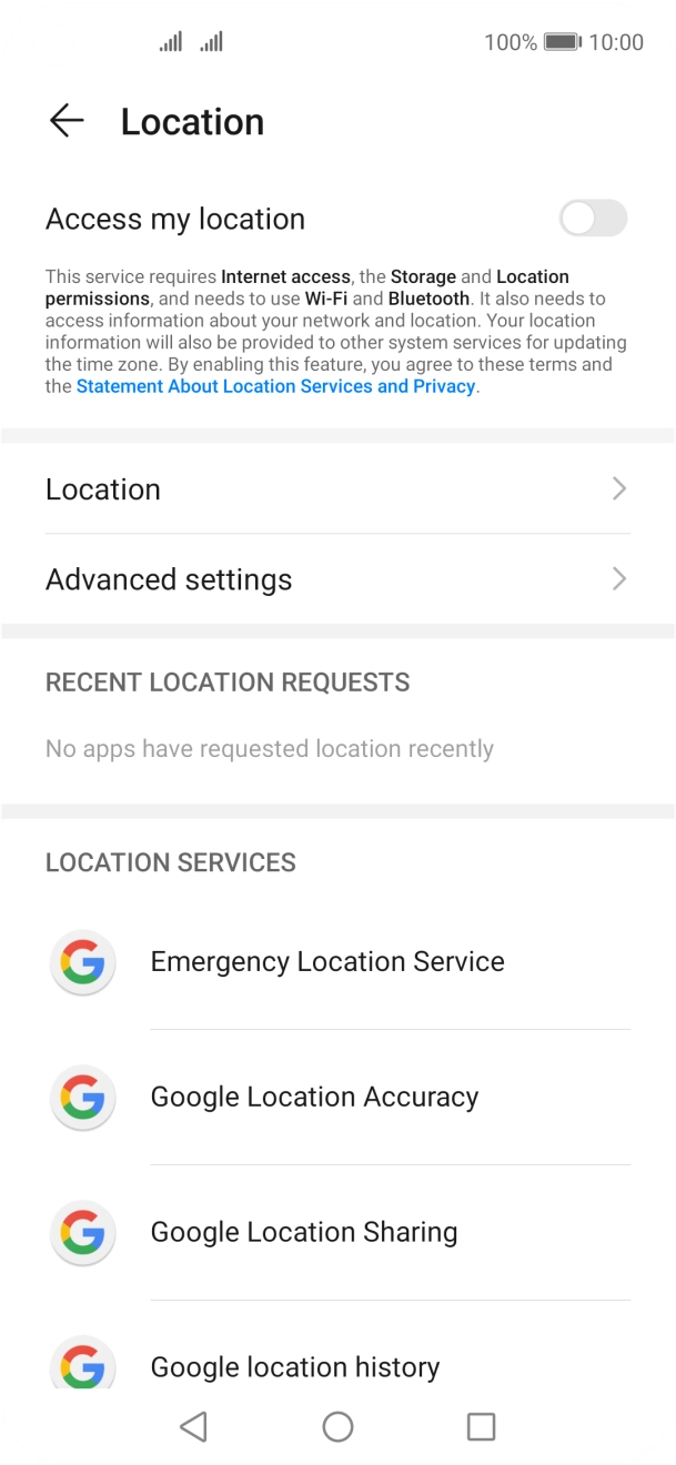 Press the indicator next to 'Access my location' to turn the function on or off. Press the indicator next to 'Access my location' to turn the function on or off.
