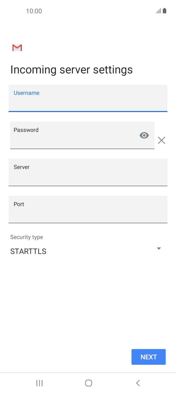 Press the field below 'Server' and key in the name of your email provider's incoming server. Press the field below 'Server' and key in the name of your email provider's incoming server.