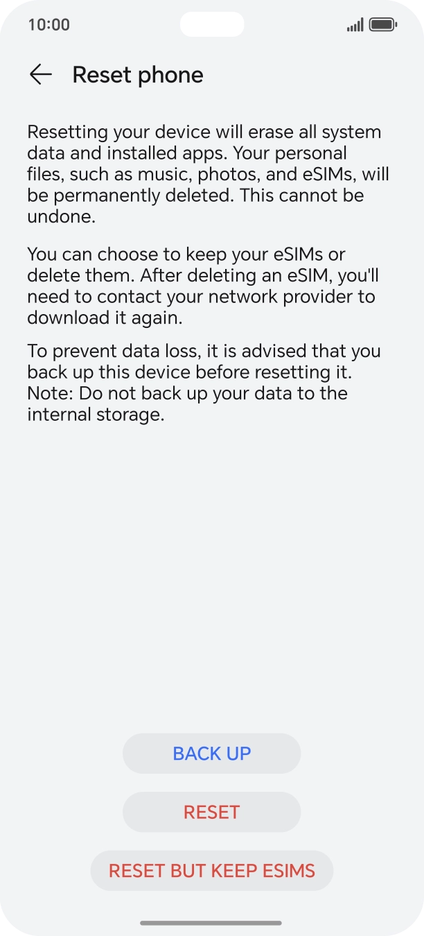 Press RESET. Wait a moment while the factory settings are restored. Follow the instructions on the screen to set up your phone and prepare it for use.