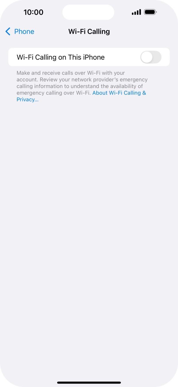 Press the indicator next to 'Wi-Fi Calling on This iPhone' to turn the function on or off. Press the indicator next to 'Wi-Fi Calling on This iPhone' to turn the function on or off.