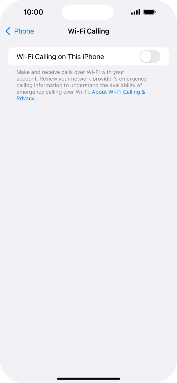 Press the indicator next to 'Wi-Fi Calling on This iPhone' to turn the function on or off. Press the indicator next to 'Wi-Fi Calling on This iPhone' to turn the function on or off.