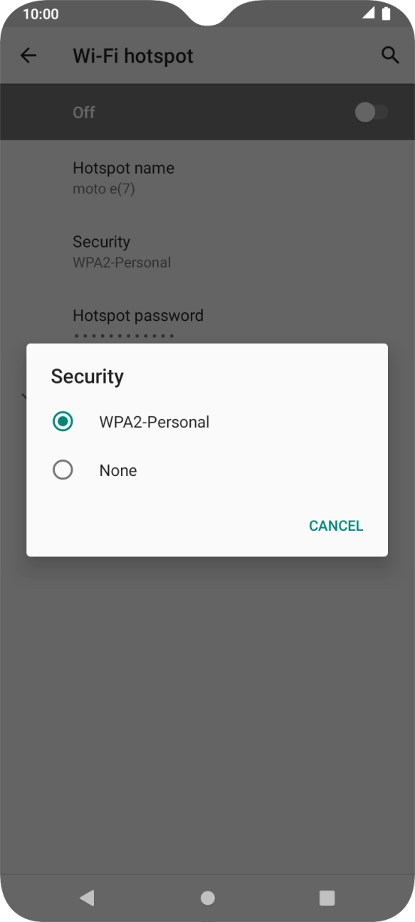 Press WPA2-Personal to password protect your WiFi hotspot. Press WPA2-Personal to password protect your WiFi hotspot.