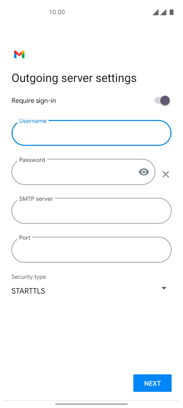 Press the field below 'Password' and key in the password of your email provider's outgoing server. Press the field below 'Password' and key in the password of your email provider's outgoing server.