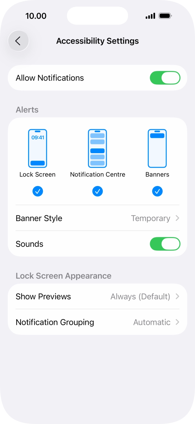 Press the indicator next to 'Allow Notifications' to turn notifications for the selected application on or off.