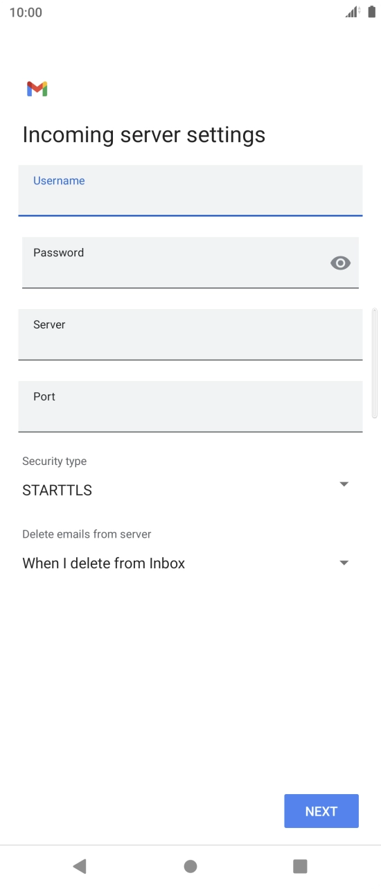 Press the field below 'Server' and key in the name of your email provider's incoming server. Press the field below 'Server' and key in the name of your email provider's incoming server.