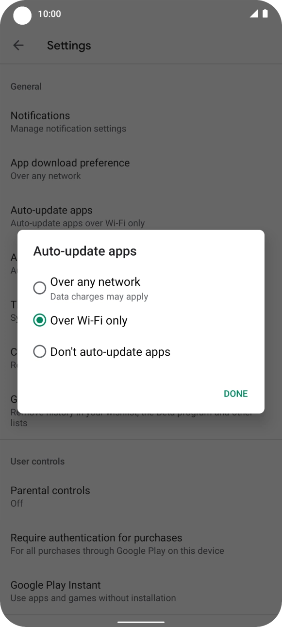 To turn on automatic update of apps using mobile network, press Over any network.