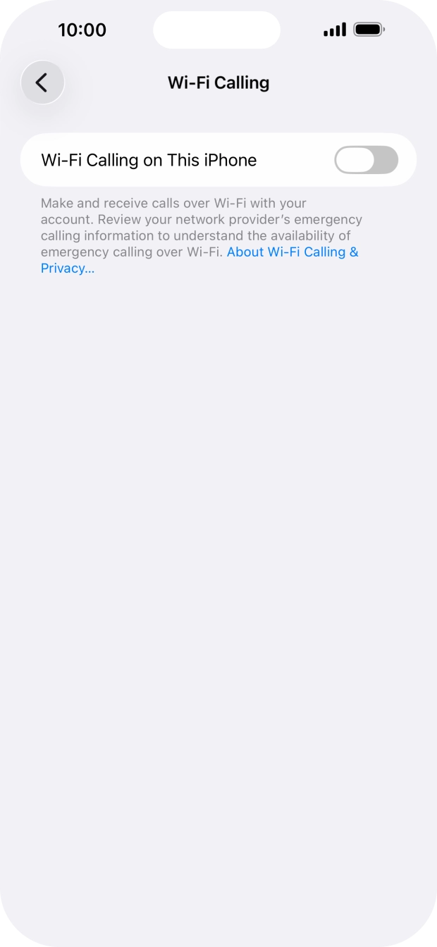 Press the indicator next to 'Wi-Fi Calling on This iPhone' to turn the function on or off. Press the indicator next to 'Wi-Fi Calling on This iPhone' to turn the function on or off.