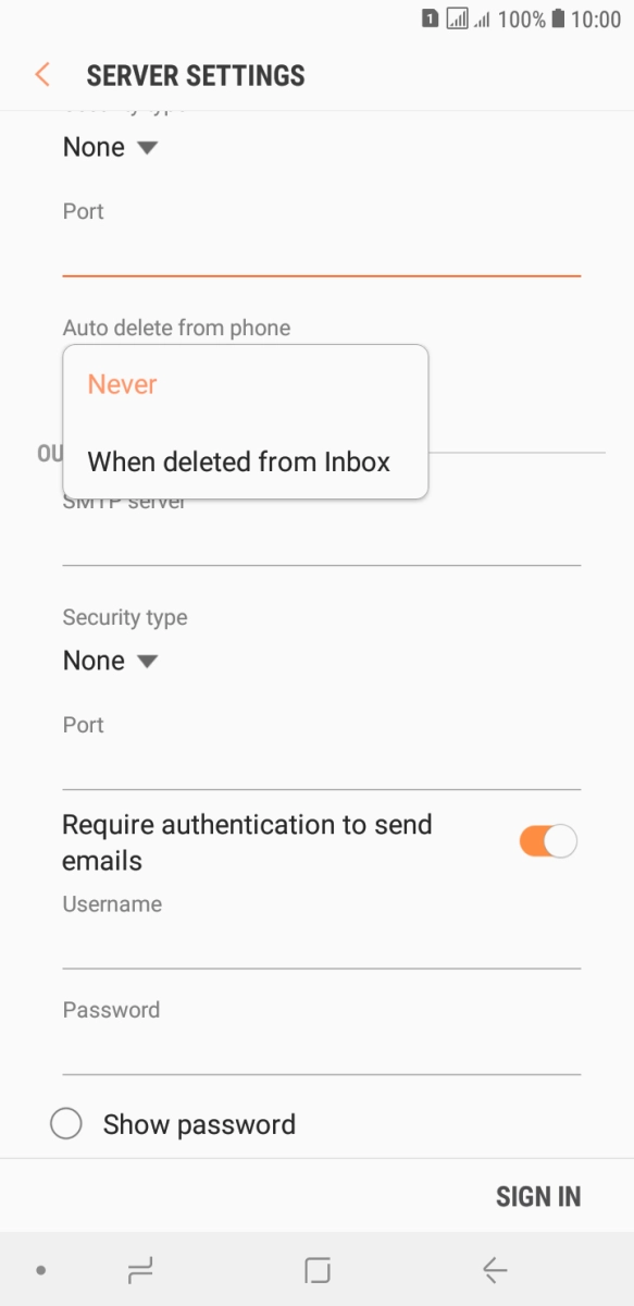 Press Never to keep emails on the server when you delete them on your phone. Press Never to keep emails on the server when you delete them on your phone.