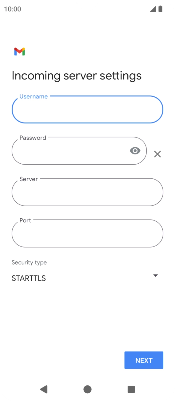 Press the field below 'Server' and key in the name of your email provider's incoming server. Press the field below 'Server' and key in the name of your email provider's incoming server.