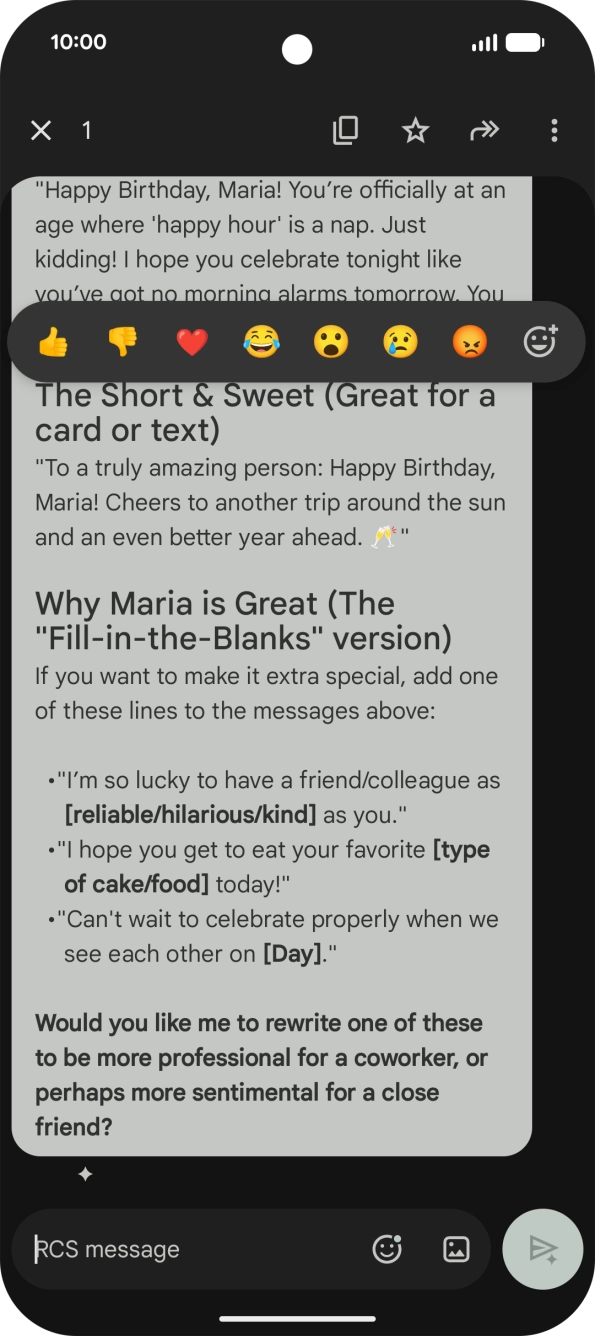 Press and hold the text suggestion from Gemini. Follow the instructions on the screen to use the text suggestion. Press and hold the text suggestion from Gemini. Follow the instructions on the screen to use the text suggestion.