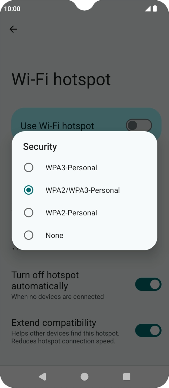 Press WPA3-Personal to password protect your WiFi hotspot. Press WPA3-Personal to password protect your WiFi hotspot.