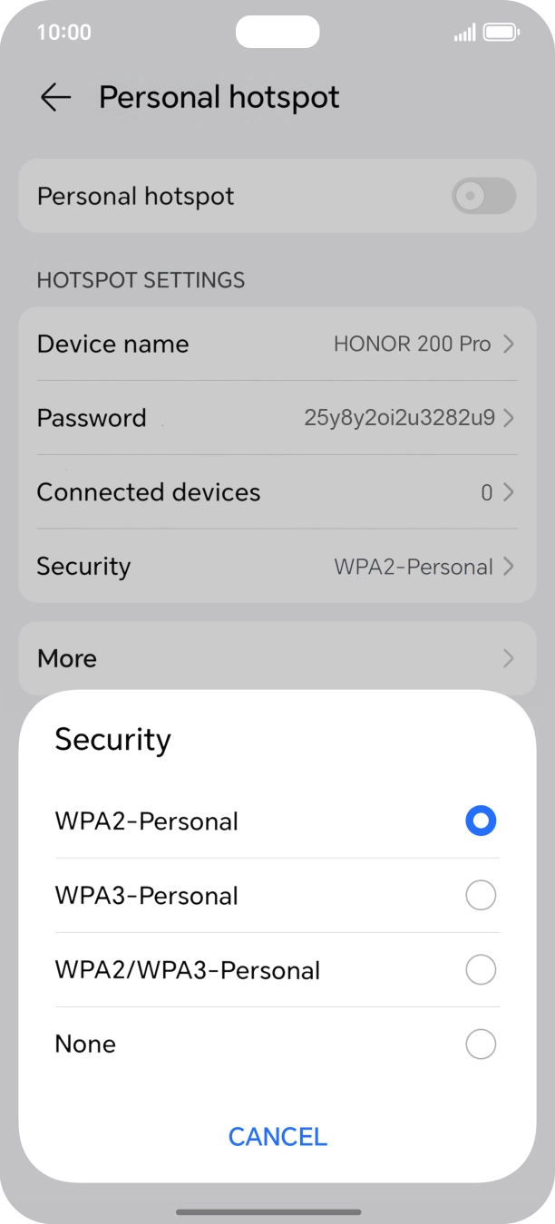 Press WPA3-Personal to password protect your WiFi hotspot. Press WPA3-Personal to password protect your WiFi hotspot.